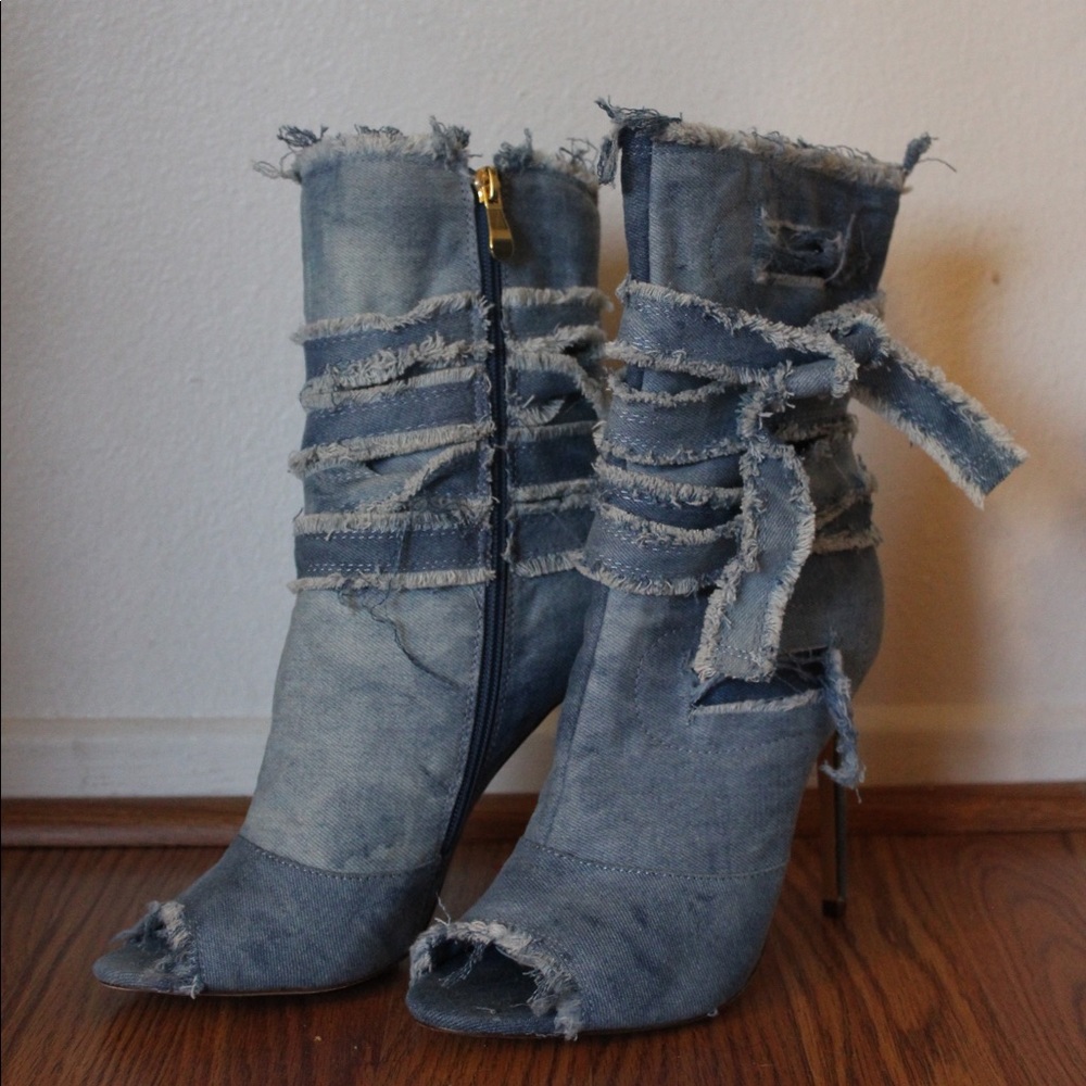 Liliana Denim Distressed Heel Bootie